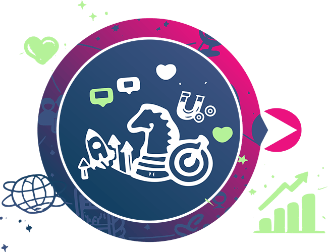 immagine composta da cerchio colorato con all interno un cavallo degli scacchi un razzo e un bersaglio fuori dal cerchio un grafico e un mappamondo simbolo del web