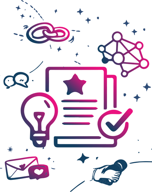 immagine composta da una serie di immagini una stretta di mano, una lampadina, una catena, una lettera simbolo di email, delle icone messaggi e dei blocknotes